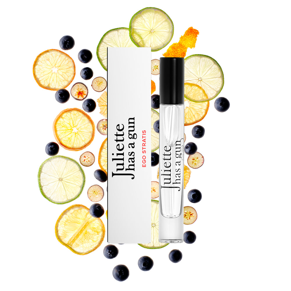 Ego Stratis by Juliette has a gun travel spray packshot with ingredients