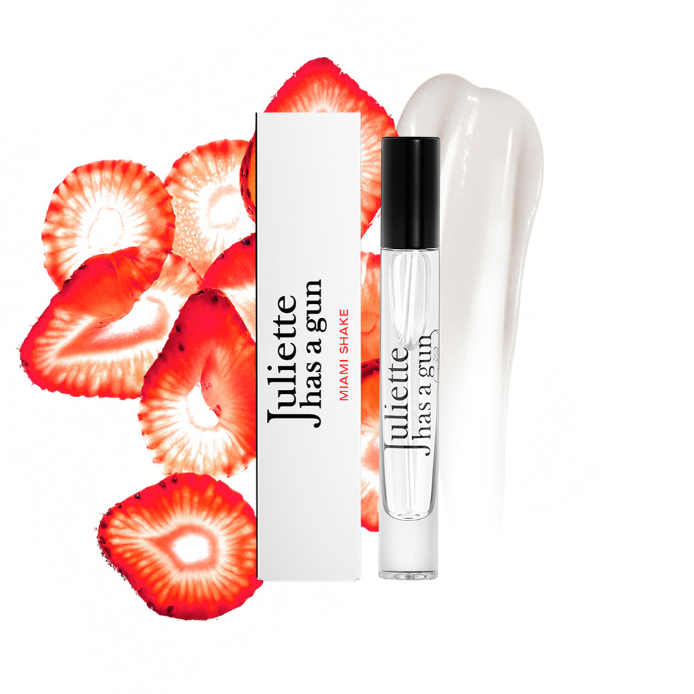Miami Shake by Juliette has a gun travel spray packshot with ingredients