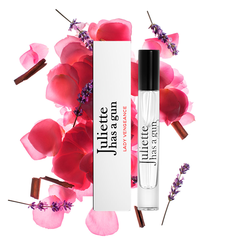 Lady Vengeance by Juliette has a gun travel spray packshot with ingredients 