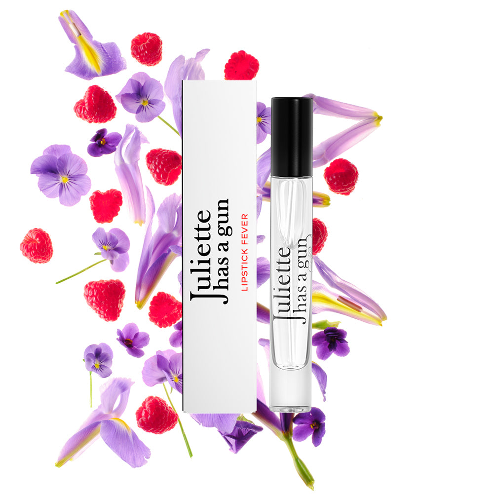 Lipstick Fever by Juliette has a gun travel spray packshot with ingredients 