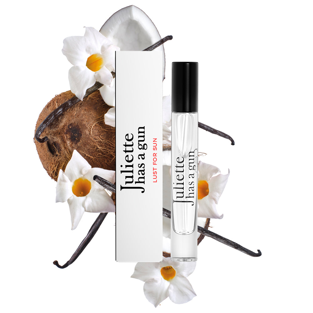 Lust for Sun by Juliette has a gun travel spray packshot with ingredients 