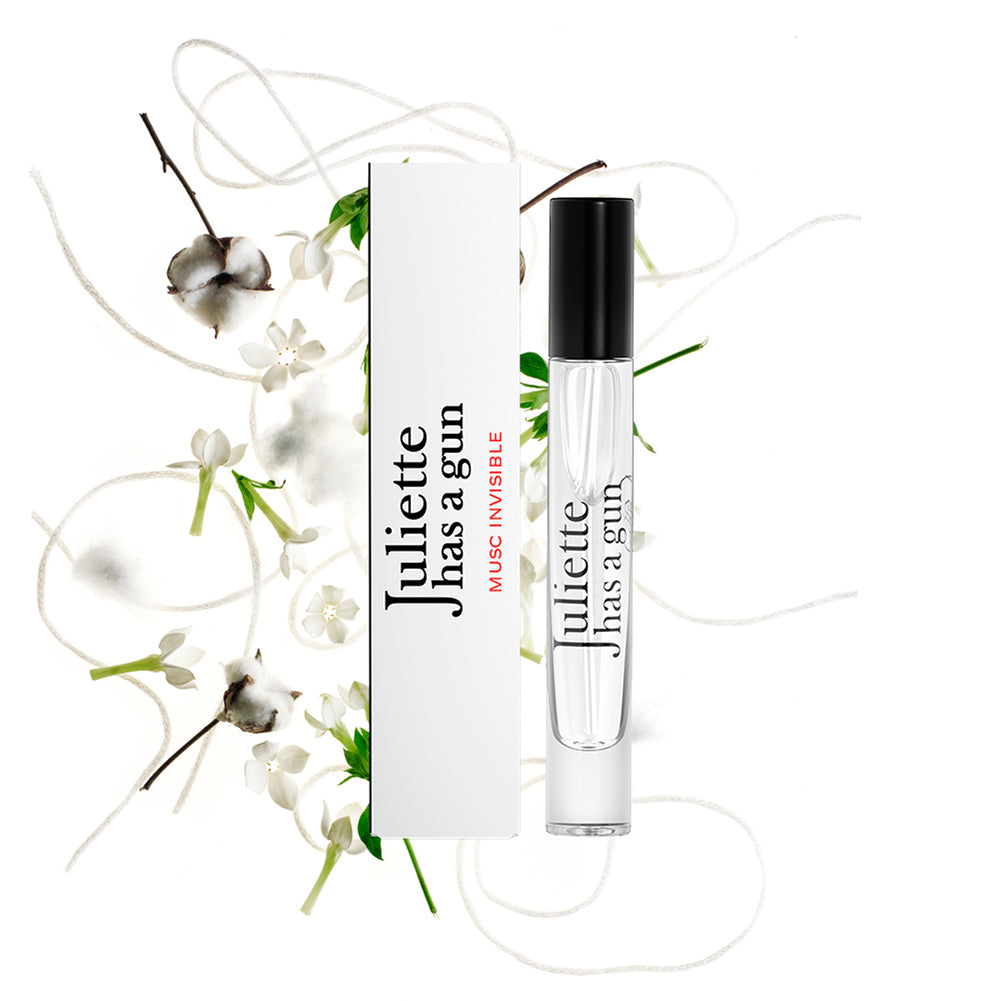 Musc Invisible by Juliette has a gun travel spray packshot with ingredients 