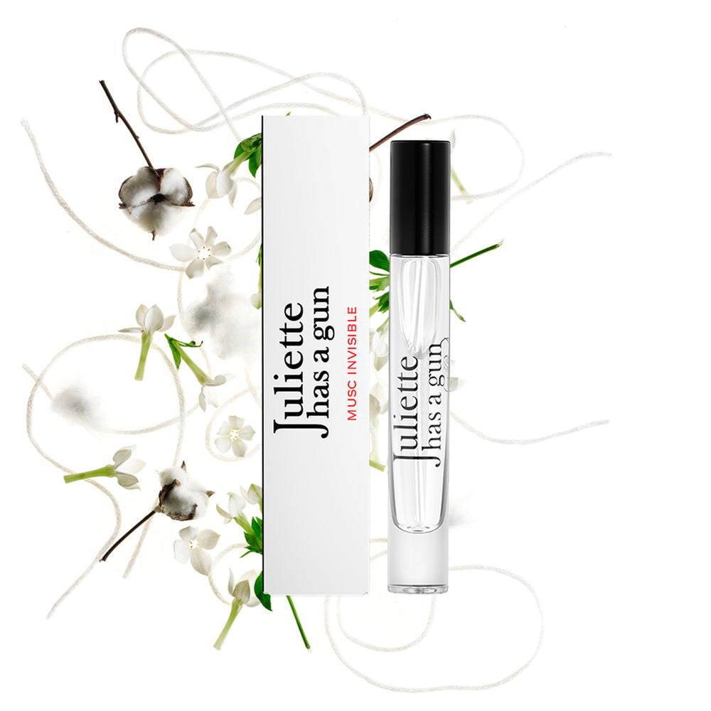 Musc Invisible by Juliette has a gun travel spray packshot with ingredients 
