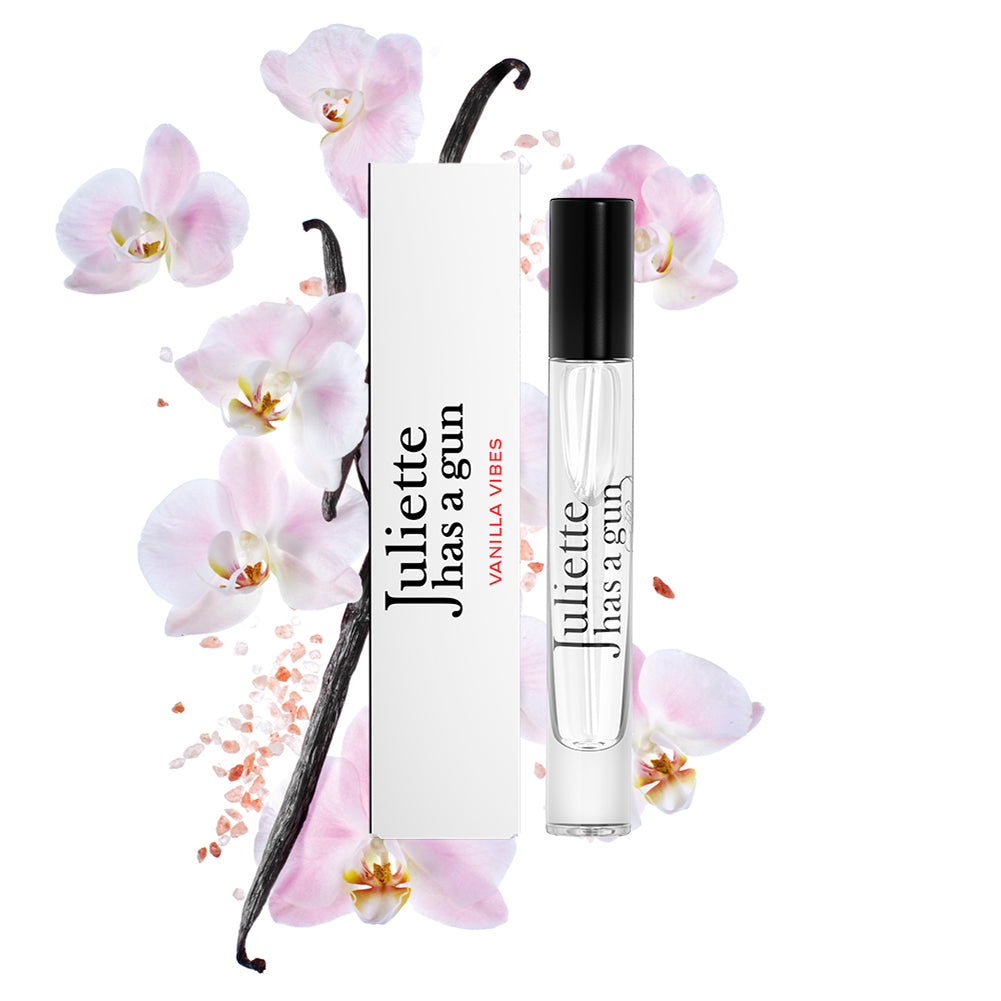 Vanilla Vibes by Juliette has a gun travel spray packshot with ingredients 